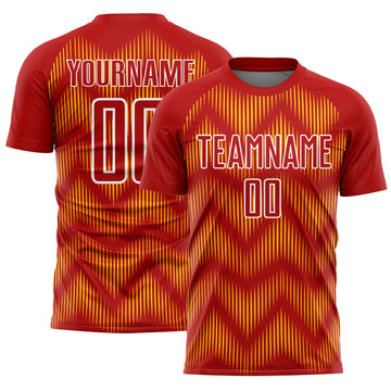 Custom Red Yellow-White Line Sublimation Soccer Uniform Jersey