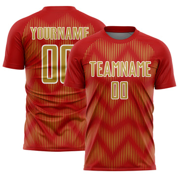 Custom Red Old Gold-White Line Sublimation Soccer Uniform Jersey