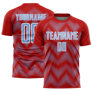 Custom Red Light Blue-White Line Sublimation Soccer Uniform Jersey