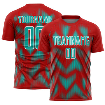 Custom Red Aqua-White Line Sublimation Soccer Uniform Jersey