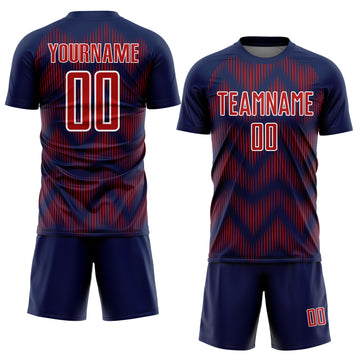 Custom Navy Red-White Line Sublimation Soccer Uniform Jersey