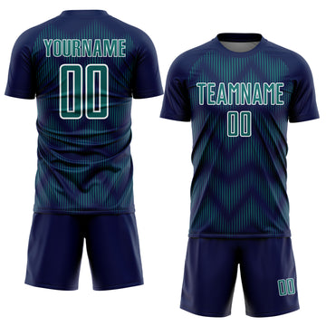 Custom Navy Teal-White Line Sublimation Soccer Uniform Jersey