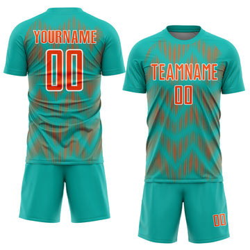 Custom Aqua Orange-White Line Sublimation Soccer Uniform Jersey