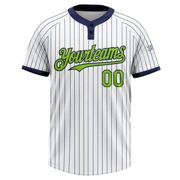 Custom White Navy Pinstripe Neon Green Two-Button Unisex Softball Jersey