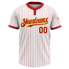 Load image into Gallery viewer, Custom White Red Pinstripe Gold Two-Button Unisex Softball Jersey
