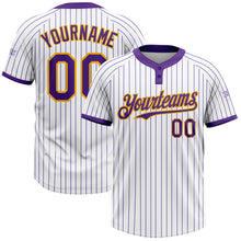 Load image into Gallery viewer, Custom White Purple Pinstripe Gold Two-Button Unisex Softball Jersey
