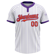 Load image into Gallery viewer, Custom White Purple Pinstripe Orange Two-Button Unisex Softball Jersey
