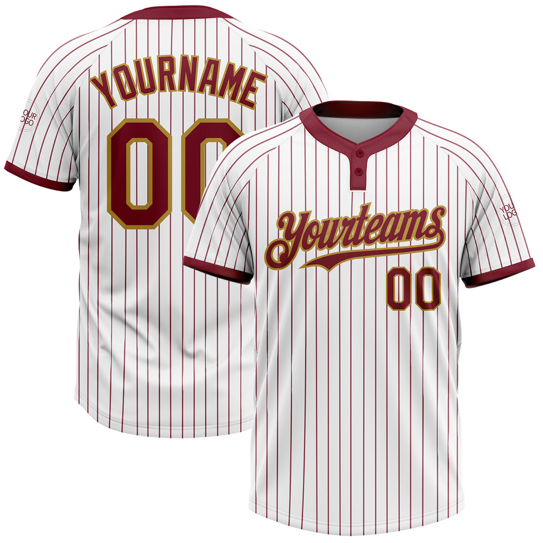 Custom White Crimosn Pinstripe Old Gold Two-Button Unisex Softball Jersey