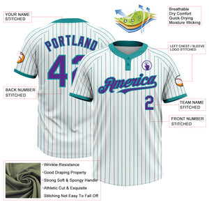 Custom White Teal Pinstripe Purple Two-Button Unisex Softball Jersey