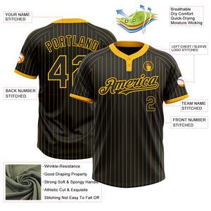 Custom Black Gold Pinstripe Gold Two-Button Unisex Softball Jersey