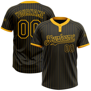 Custom Black Gold Pinstripe Gold Two-Button Unisex Softball Jersey