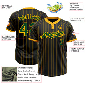 Custom Black Gold Pinstripe Green Two-Button Unisex Softball Jersey