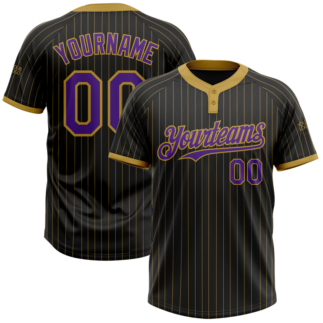 Custom Black Old Gold Pinstripe Purple Two-Button Unisex Softball Jersey