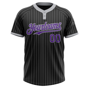 Custom Black Gray Pinstripe Purple Two-Button Unisex Softball Jersey