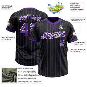 Custom Black Purple Pinstripe White Two-Button Unisex Softball Jersey