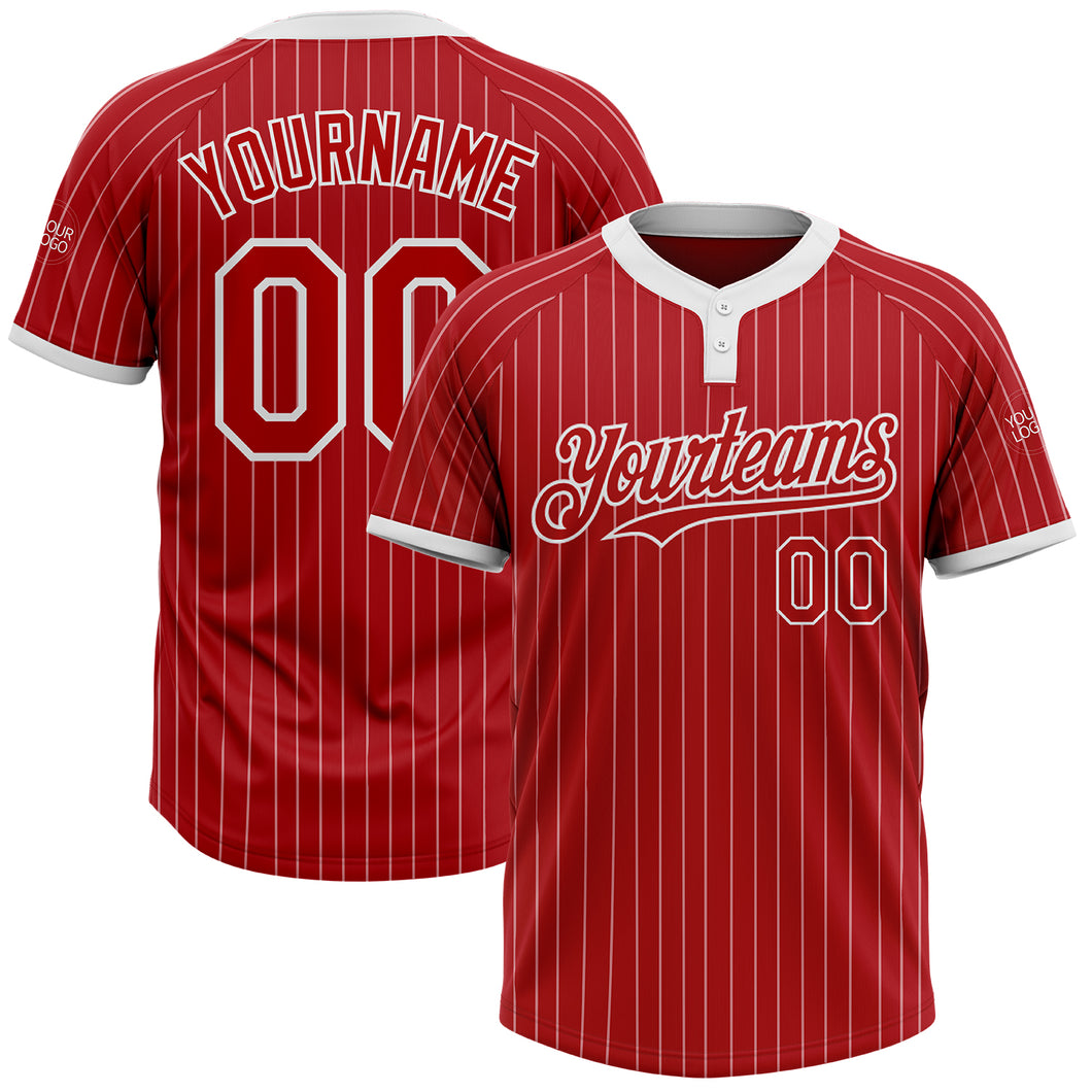 Custom Red White Pinstripe White Two-Button Unisex Softball Jersey