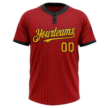 Load image into Gallery viewer, Custom Red Black Pinstripe Gold Two-Button Unisex Softball Jersey
