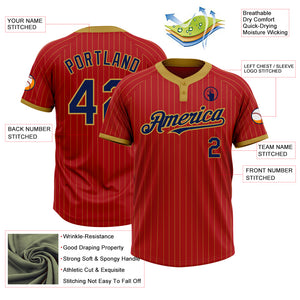 Custom Red Old Gold Pinstripe Navy Two-Button Unisex Softball Jersey