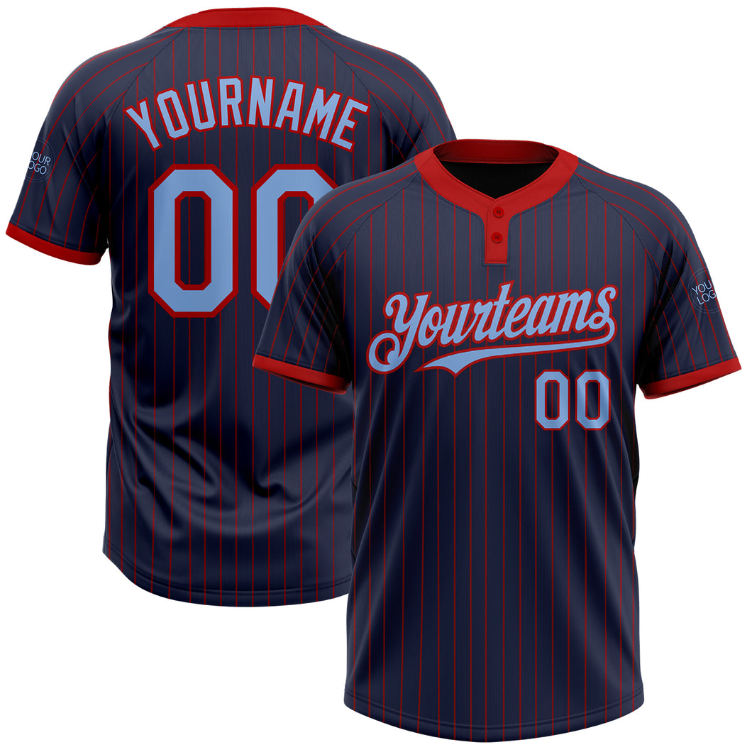 Custom Navy Red Pinstripe Light Blue Two-Button Unisex Softball Jersey