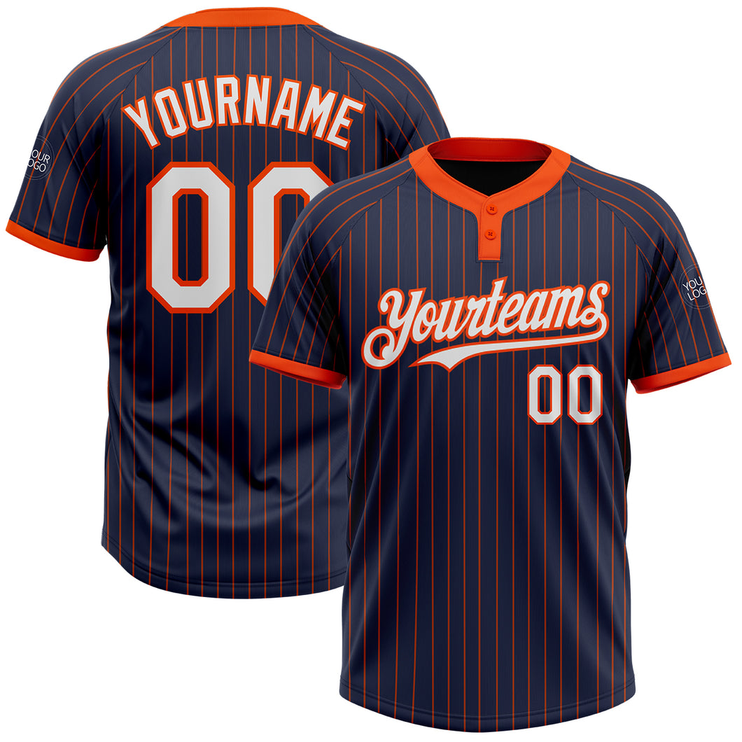 Custom Navy Orange Pinstripe White Two-Button Unisex Softball Jersey