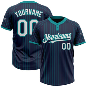 Custom Navy Teal Pinstripe White Two-Button Unisex Softball Jersey