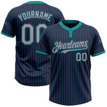 Load image into Gallery viewer, Custom Navy Teal Pinstripe Gray Two-Button Unisex Softball Jersey
