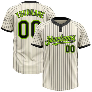 Custom Cream Black Pinstripe Neon Green Two-Button Unisex Softball Jersey