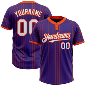 Custom Purple Orange Pinstripe White Two-Button Unisex Softball Jersey