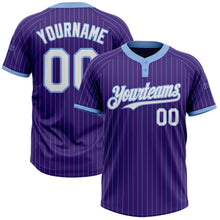 Load image into Gallery viewer, Custom Purple Light Blue Pinstripe White Two-Button Unisex Softball Jersey
