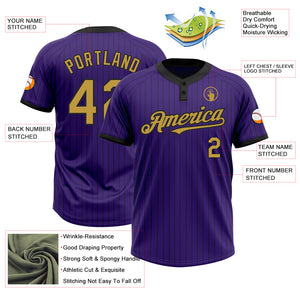 Custom Purple Black Pinstripe Old Gold Two-Button Unisex Softball Jersey