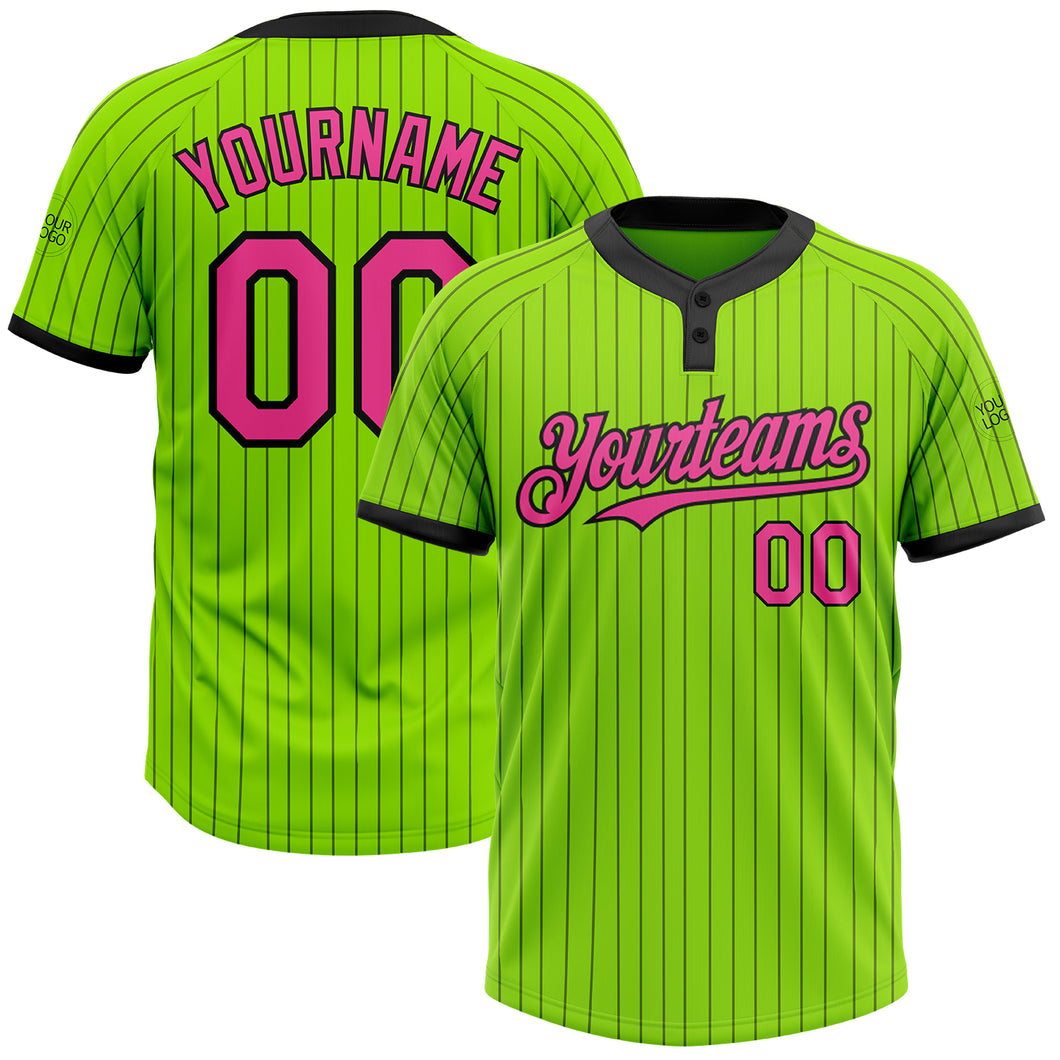 Custom Neon Green Black Pinstripe Pink Two-Button Unisex Softball Jersey