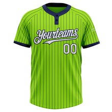 Load image into Gallery viewer, Custom Neon Green Navy Pinstripe White Two-Button Unisex Softball Jersey
