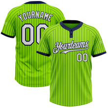 Load image into Gallery viewer, Custom Neon Green Navy Pinstripe White Two-Button Unisex Softball Jersey
