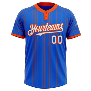 Custom Thunder Blue Orange Pinstripe White Two-Button Unisex Softball Jersey