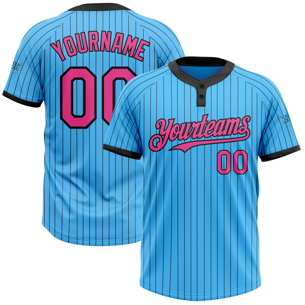 Custom Sky Blue Black Pinstripe Pink Two-Button Unisex Softball Jersey