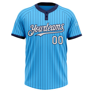 Custom Sky Blue Navy Pinstripe White Two-Button Unisex Softball Jersey