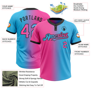 Custom Sky Blue Pink-Black Gradient Fashion Two-Button Unisex Softball Jersey