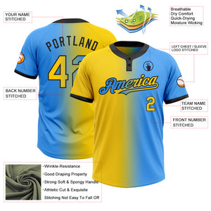 Custom Electric Blue Yellow-Black Gradient Fashion Two-Button Unisex Softball Jersey