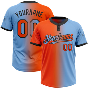 Custom Light Blue Orange-Black Gradient Fashion Two-Button Unisex Softball Jersey