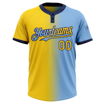 Custom Light Blue Yellow-Navy Gradient Fashion Two-Button Unisex Softball Jersey