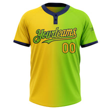 Load image into Gallery viewer, Custom Neon Green Yellow-Navy Gradient Fashion Two-Button Unisex Softball Jersey
