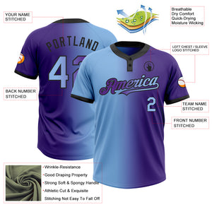 Custom Purple Light Blue-Black Gradient Fashion Two-Button Unisex Softball Jersey