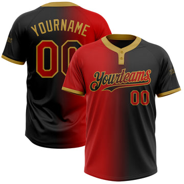Custom Black Red-Old Gold Gradient Fashion Two-Button Unisex Softball Jersey