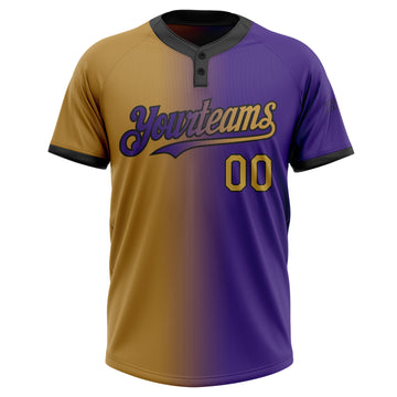 Custom Purple Old Gold-Black Gradient Fashion Two-Button Unisex Softball Jersey