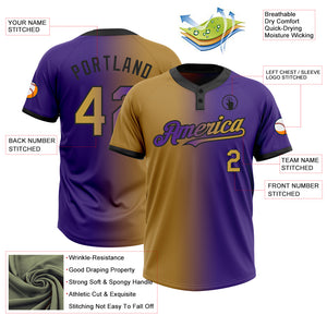 Custom Purple Old Gold-Black Gradient Fashion Two-Button Unisex Softball Jersey