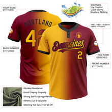 Load image into Gallery viewer, Custom Maroon Gold-Black Gradient Fashion Two-Button Unisex Softball Jersey
