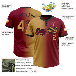 Custom Maroon Old Gold-Black Gradient Fashion Two-Button Unisex Softball Jersey