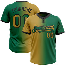 Load image into Gallery viewer, Custom Kelly Green Old Gold-Black Gradient Fashion Two-Button Unisex Softball Jersey
