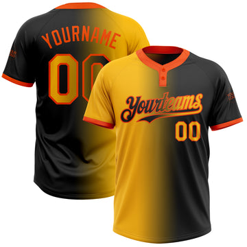 Custom Black Gold-Orange Gradient Fashion Two-Button Unisex Softball Jersey