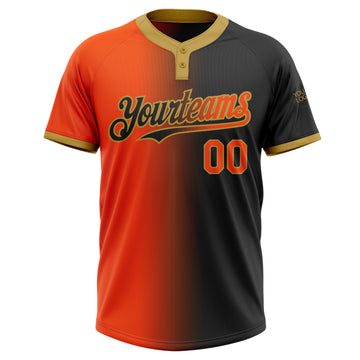 Custom Black Orange-Old Gold Gradient Fashion Two-Button Unisex Softball Jersey